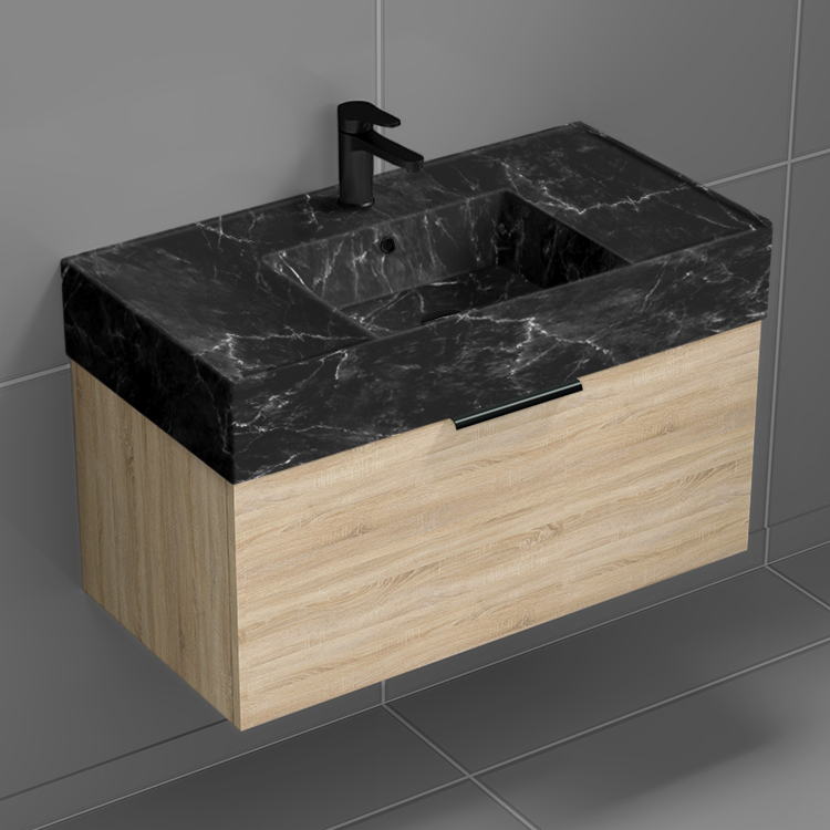 Nameeks DERIN954 Modern Bathroom Vanity With Black Marble Design Sink, Wall Mounted, Single, 32 Inch, Brown Oak